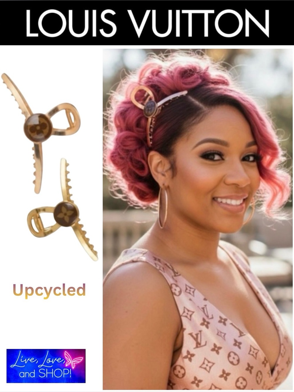 LOUIS VUITTON Monogram Upcycled Rose Gold Claw Clip in Resin, COA. NWOT